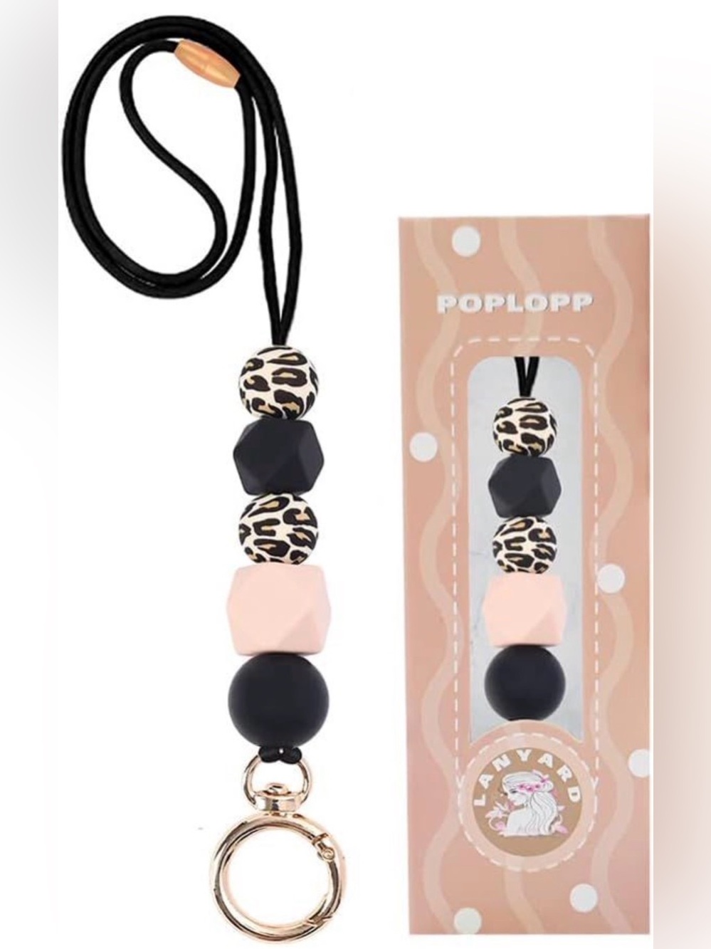 Leopard Beaded Lanyard Keychain ID Badge Holder Black Pink